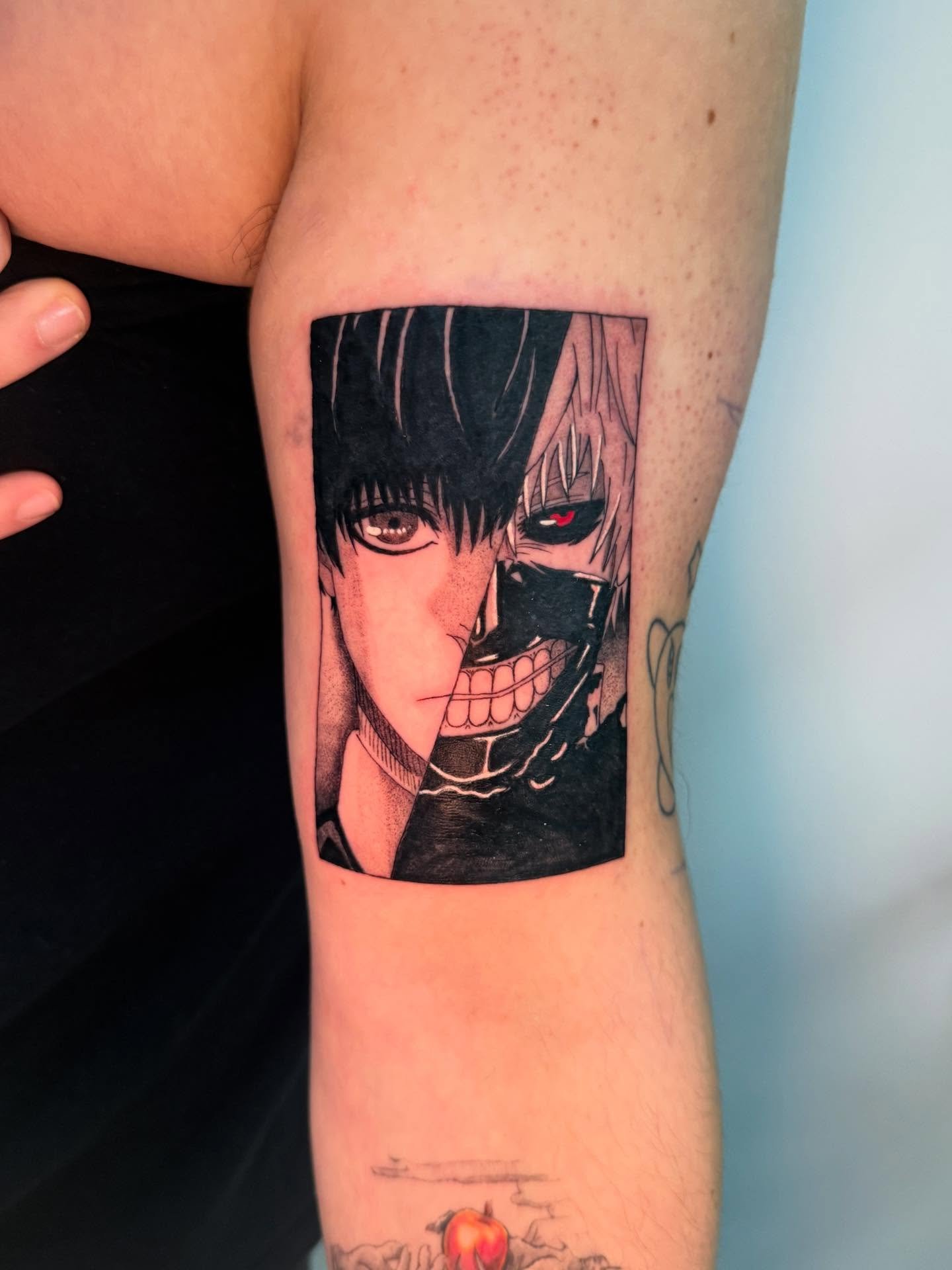 🎌👻 by @caroxtattoos 

Another piece we&rsquo;ve been waiting to share and are super excited about&hellip; this dual Kaneki by Caro‼️

We usually describe Caro as having an affinity for kawaii styles but make no mistake she&rsquo;s a master at darke