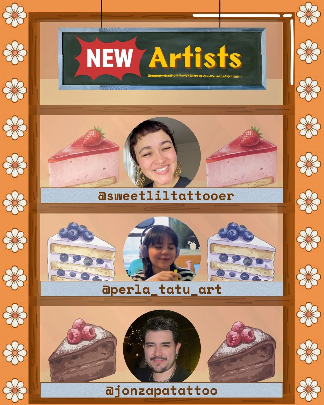 🚨🚨🚨New Artists Incoming🚨🚨🚨

We are SO excited to introduce you to our new flavors/new artists!! They will all be participating in our upcoming Cake 4 U Anniversary on Saturday June 13th🎂🎉

Slides 2-6: @sweetliltattooer / Ilia🌻
Slides 7-11: @
