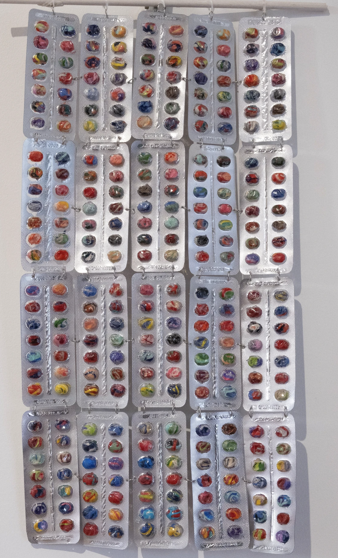 SOLD | Happy Pills | Pill cartridges, cotton embroidery thread | 2022 