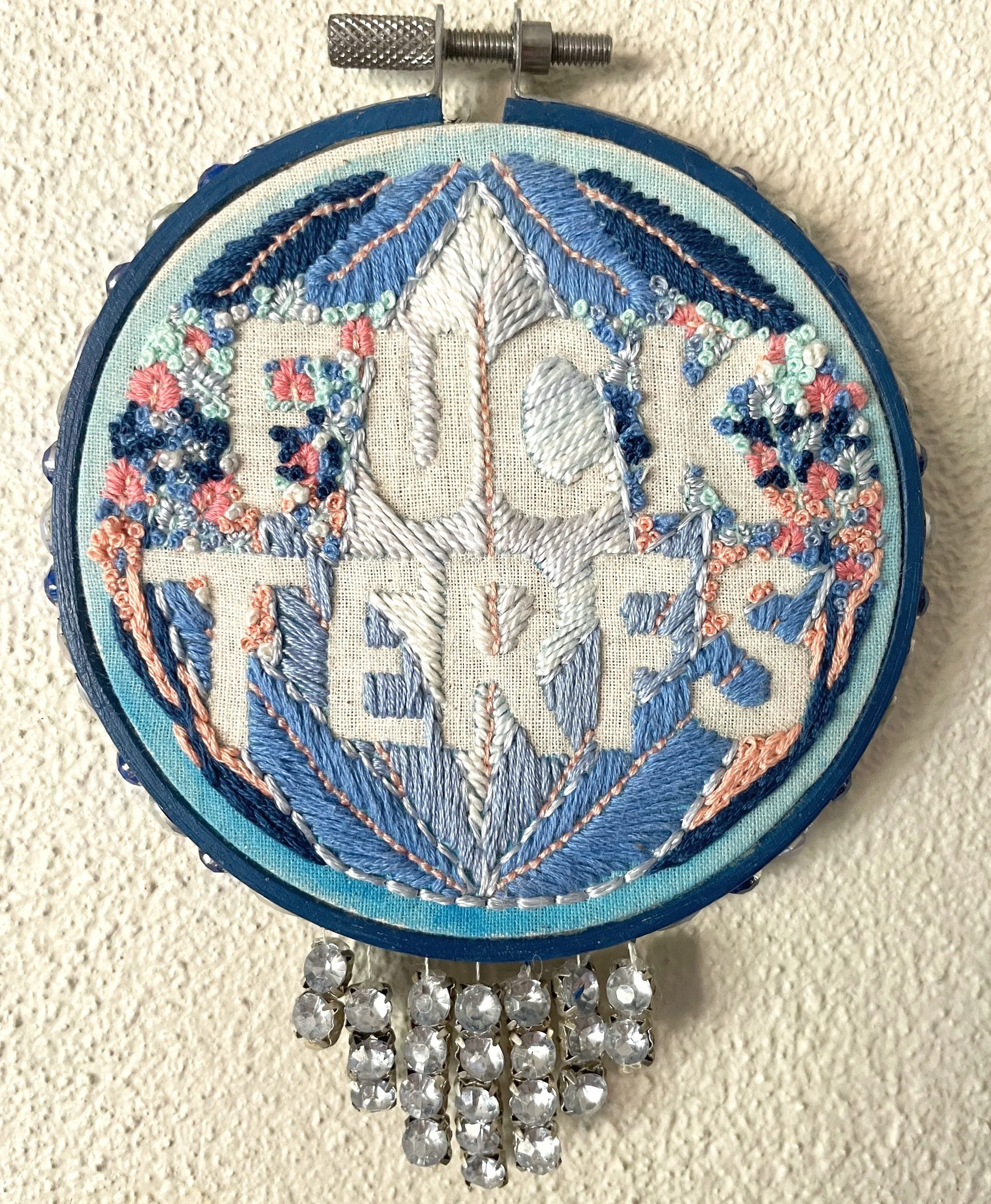 FUCK TERFS | 10,5 cm x 10,5 cm | Acyrlic paint, cotton embroidery thread, calico | 2021 | $400 