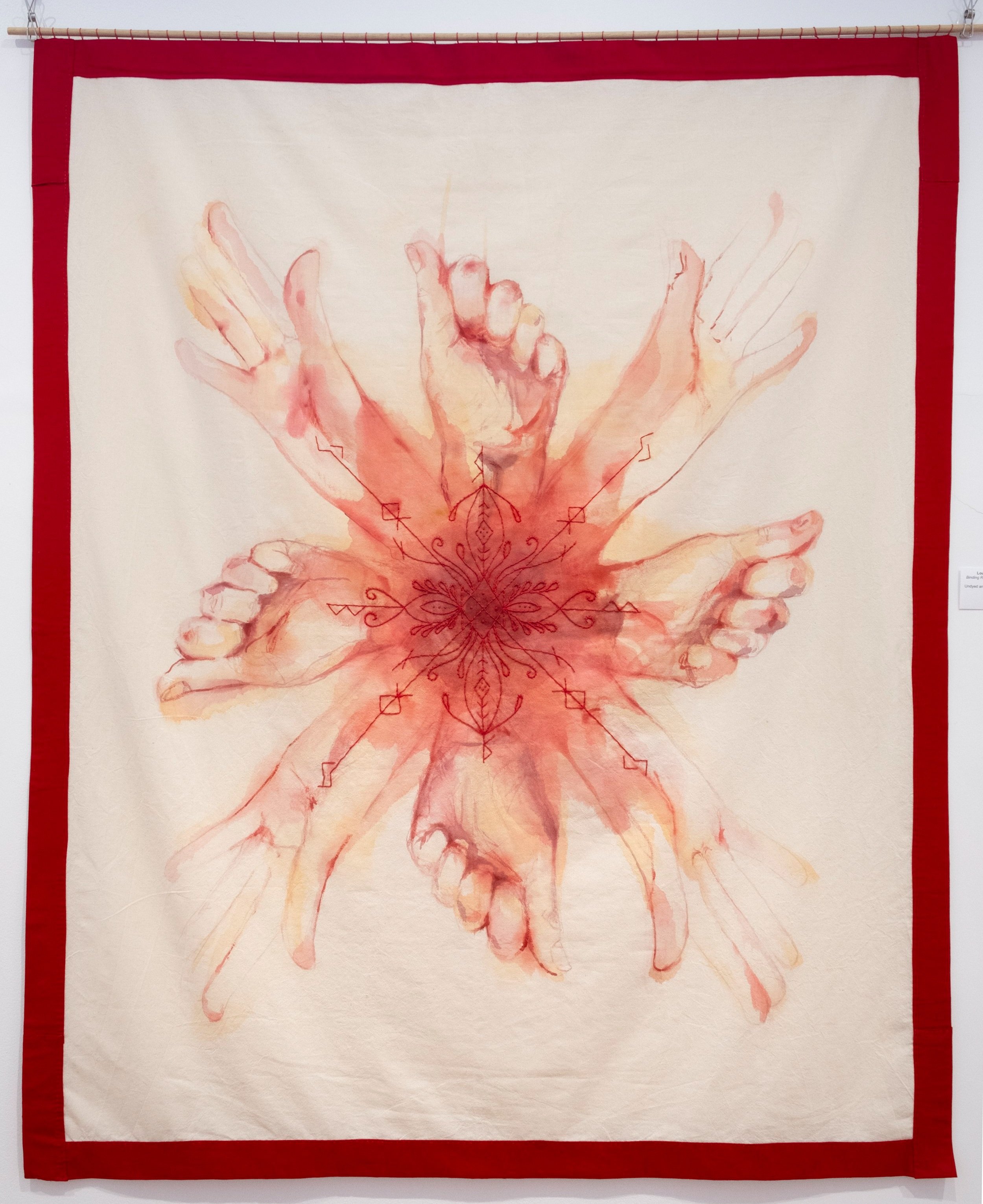 SOLD | Binding Rune for Fear of Letting Go | 150cm x 170cm | Calico, Ink, cotton embroidery thread, red cotton fabric | 2022