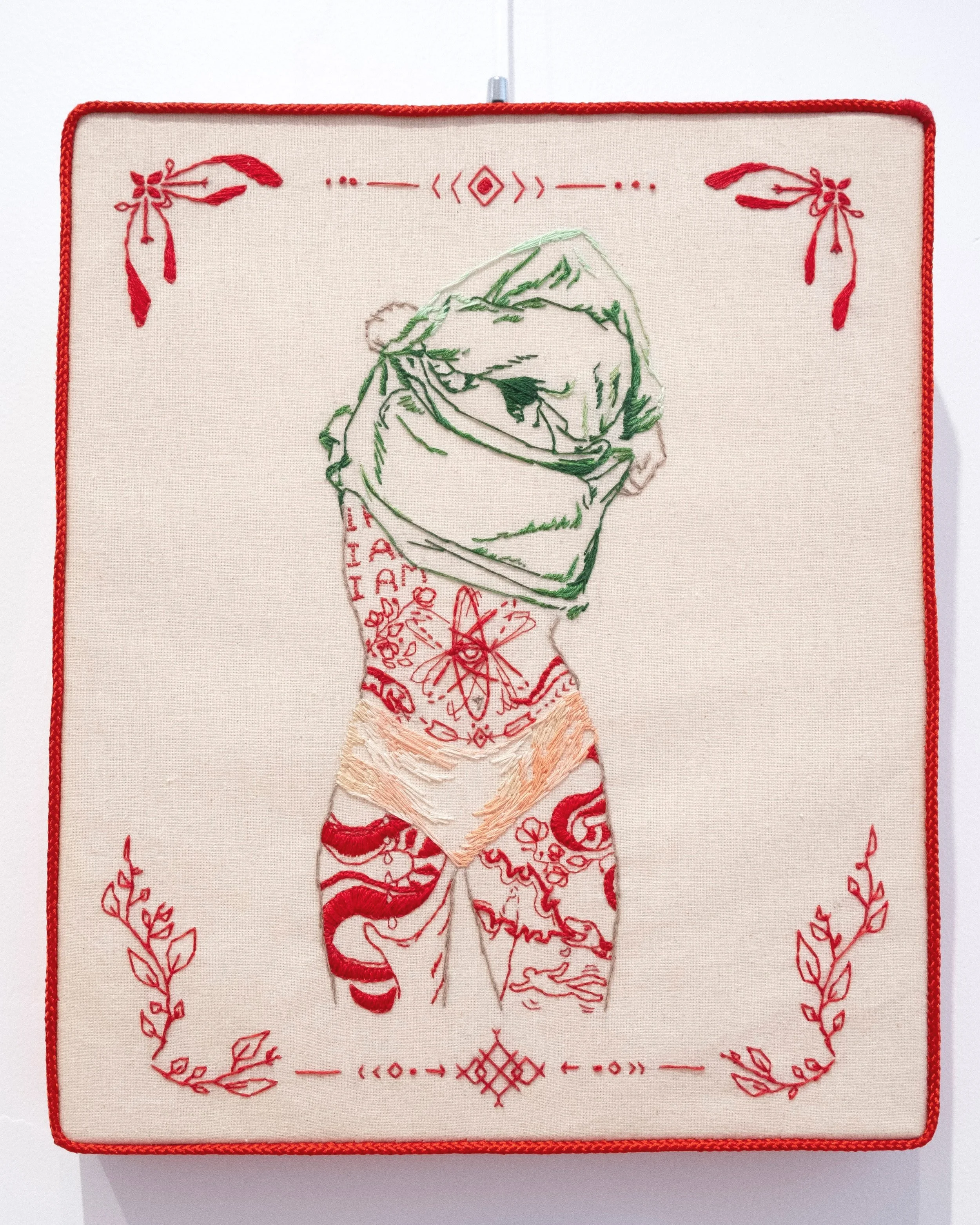 Trust these scars | 21cm x 30cm | Calico, cotton embroidery thread, silk ribbon, wood frame | 2022 | $800 