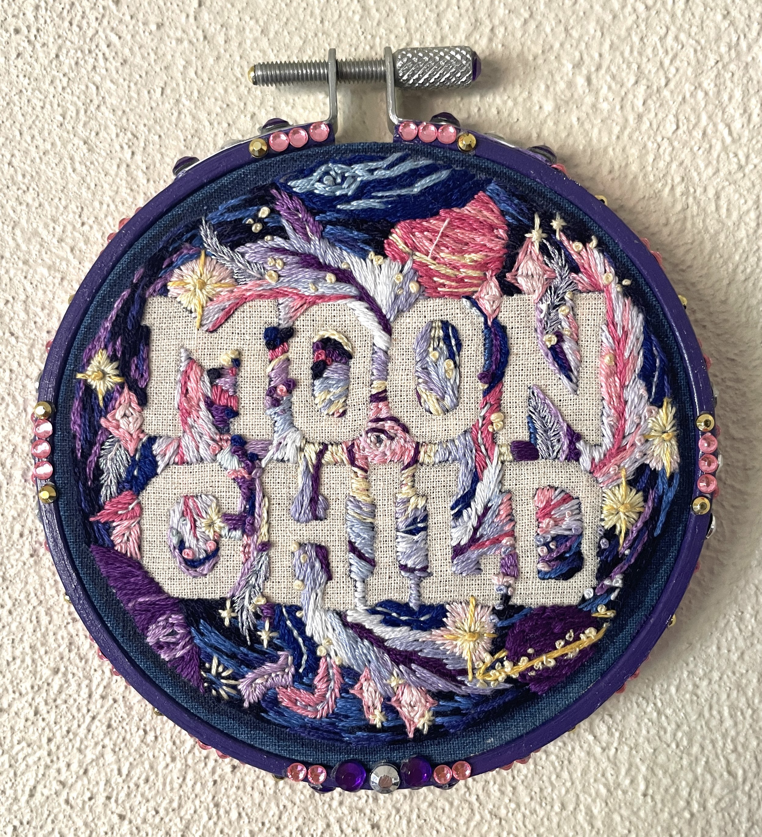 MOON CHILD | 10,5 cm x 10,5cm | Acrylic paint, cotton embroidery thread | 2023 | $400
