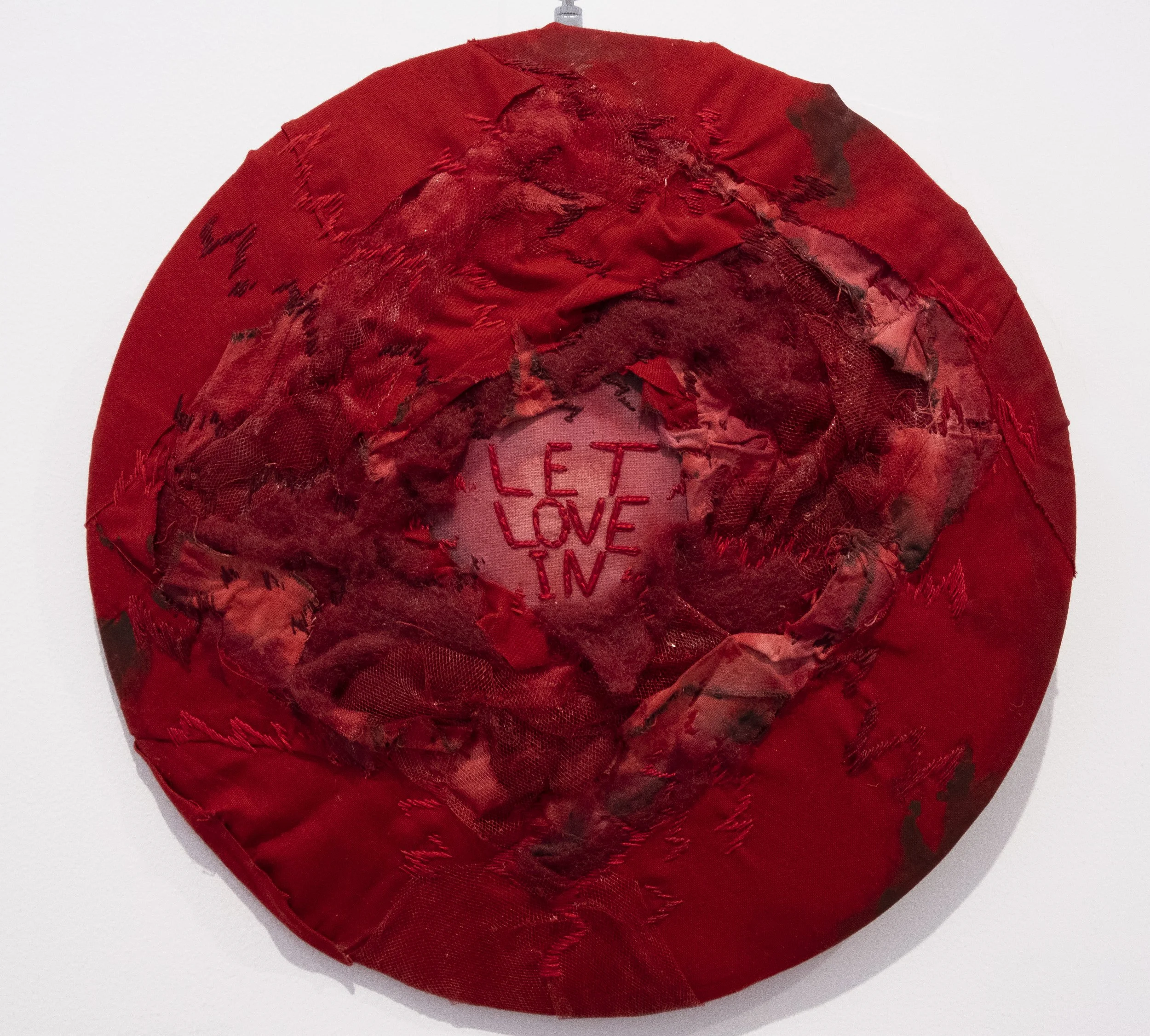 Let Love In | 30cm x 30cm | Fabric off-cuts, acrylic paint, cotton embroidery thread, wool padding | 2022 | $300
