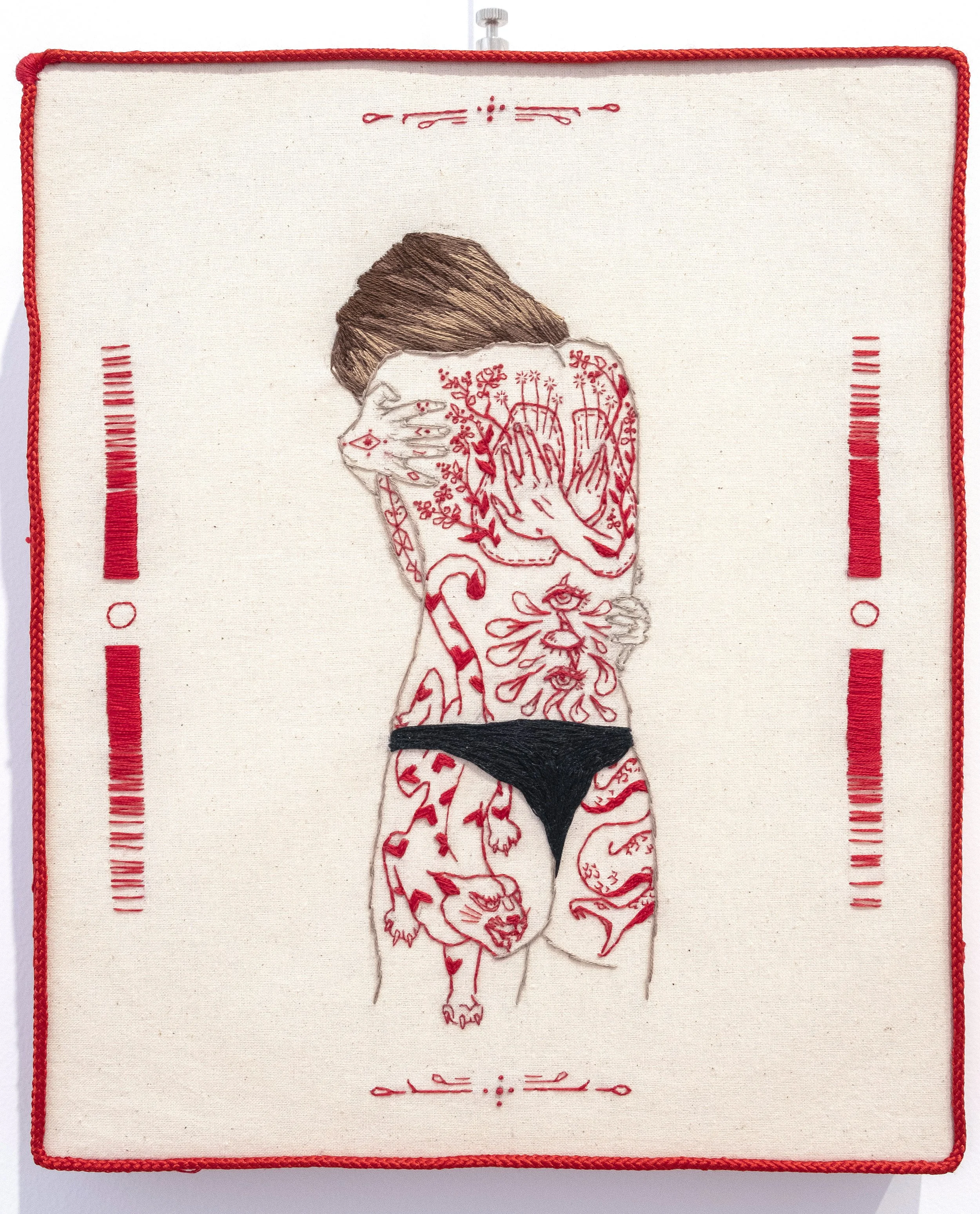 Hold me as I fight | 21 x 30cm | Calico, cotton embroidery thread, silk ribbon, wood frame | 2022 | $800