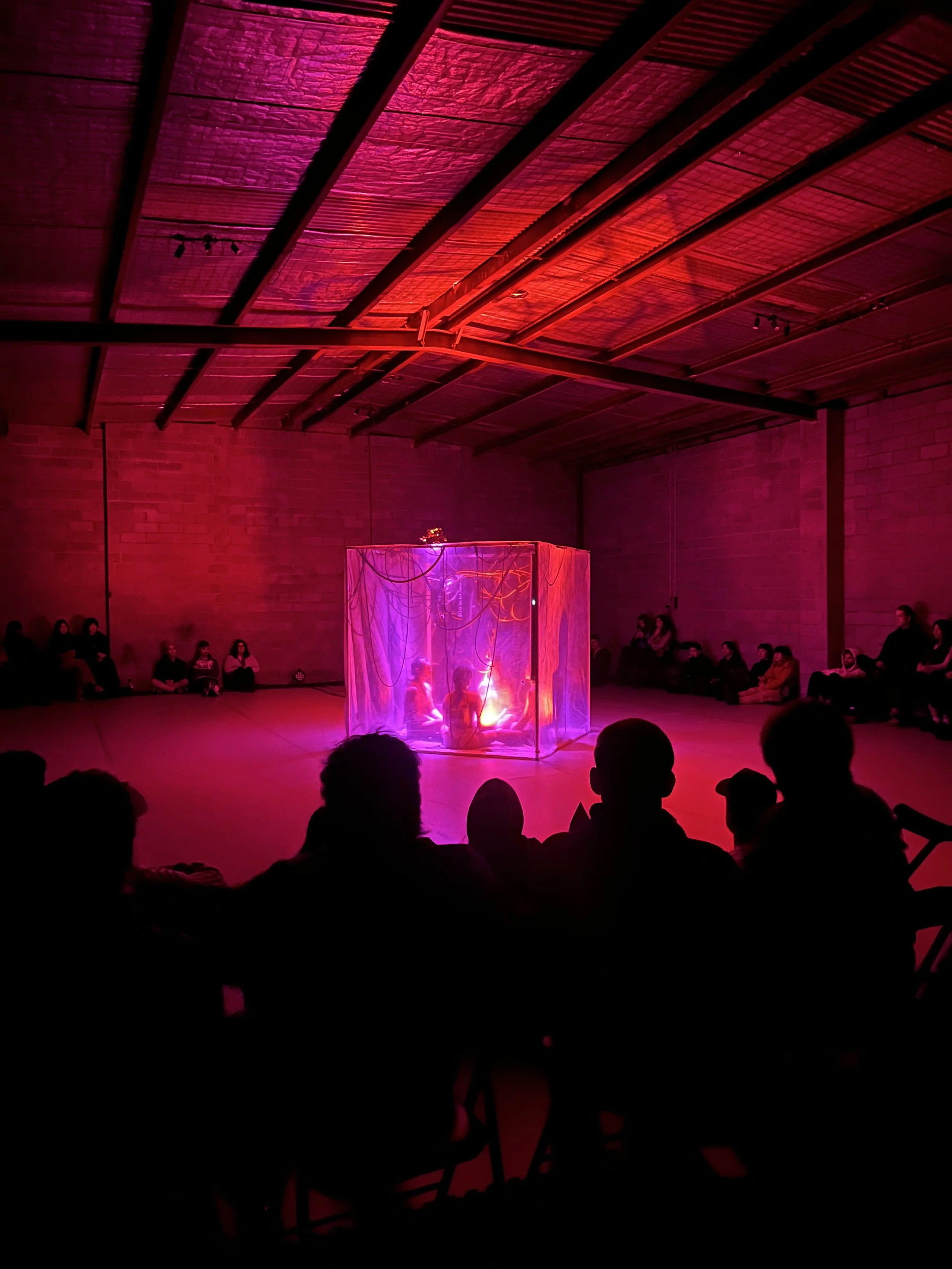 The image shows a performance or art installation in a warehouse-like space with a high ceiling. In the center, a red-lit transparent structure surrounds a performer, creating a vivid, glowing atmosphere. Audience members are seated around the setup, watching the performance.