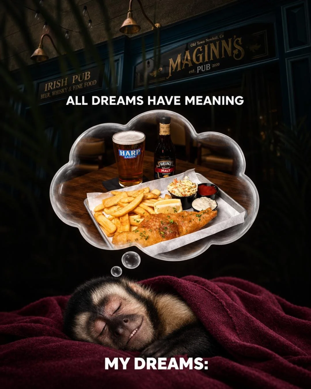 A sleeping puppy with a thought bubble above its head showing a tray of fish and chips, a glass of beer, and a bottle of Heinz malt vinegar in a bar setting, with the words "ALL DREAMS HAVE MEANING" and "MY DREAMS:" written on the image.