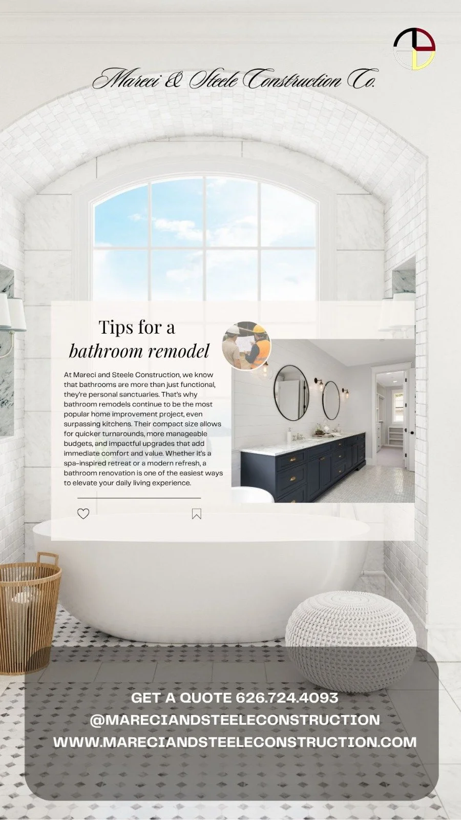 Bathroom with a large window, white tiled walls, a free-standing bathtub, a blue vanity with two round mirrors, and decorative lighting fixtures, promoting bathroom remodel tips by Mareci & Steele Construction.