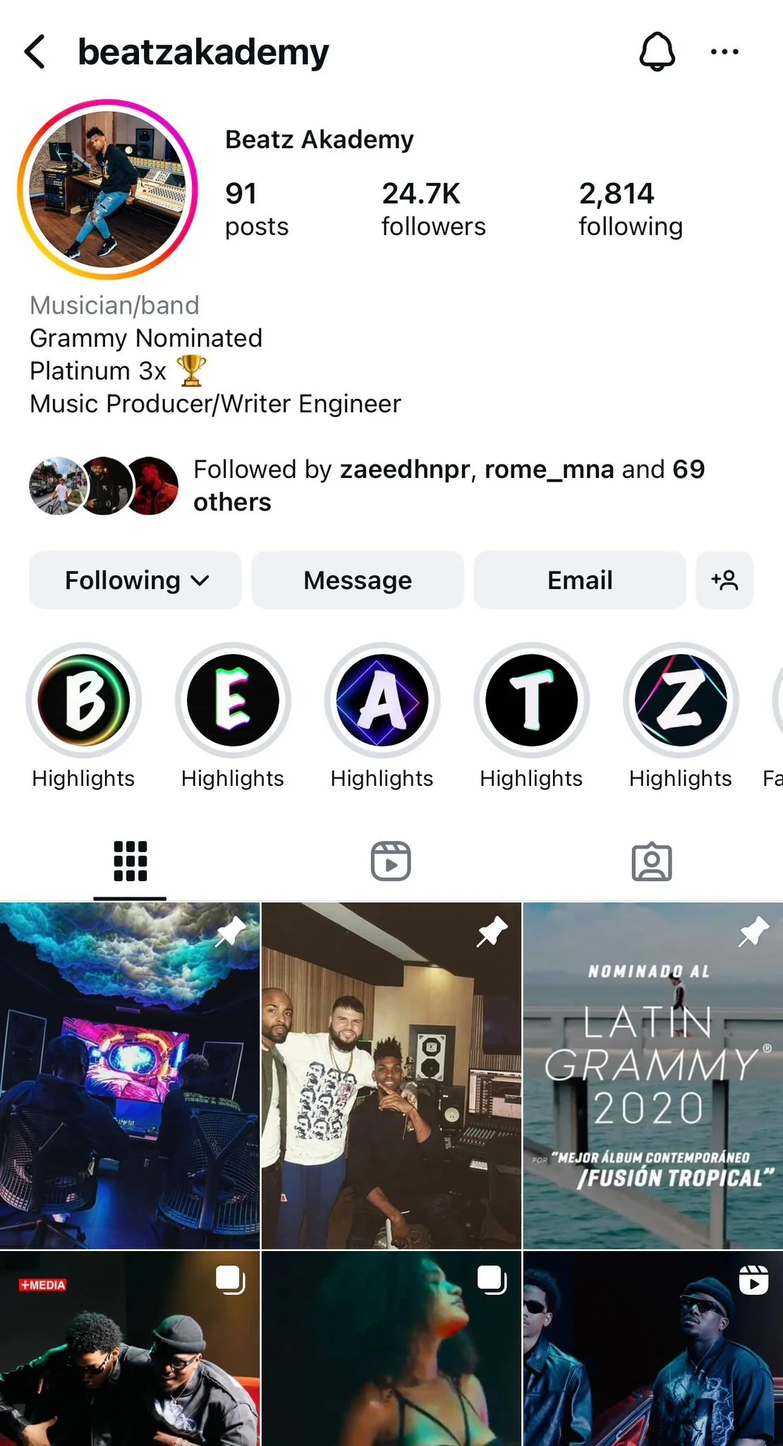 Instagram profile of Beatz Akademy, a musician and Grammy nominated music producer, featuring profile picture, followers, and recent posts including studio work, music collaboration, and award nomination images.