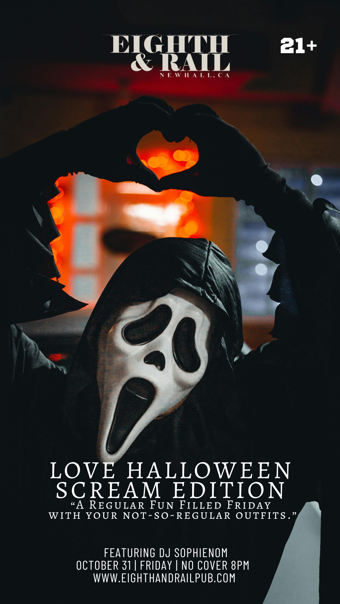 A person wearing a ghost mask and black hoodie making a heart shape with their gloved hands. The background has orange and blue lights, creating a Halloween theme. Text on the image promotes a Halloween event called 'Love Halloween Scream Edition' at Eighth & Rail, Newhall, CA.