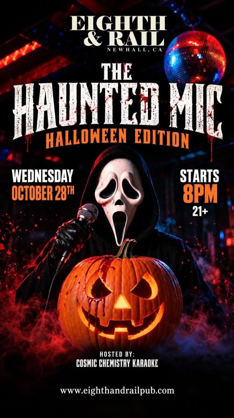 Poster for Halloween event titled 'Eighth & Rail Newhall, CA' featuring 'The Haunted Mic Halloween Edition'. The poster shows a person in a Ghostface mask holding a microphone and a carved, glowing pumpkin. The event is on Wednesday, October 28th, st