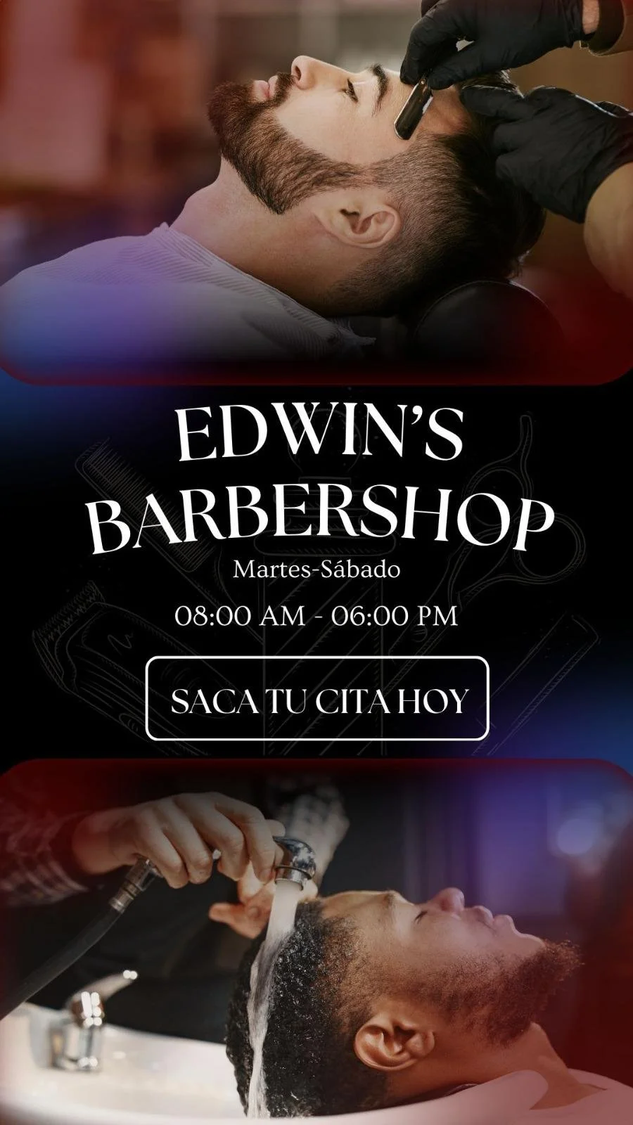 Poster advertising Edwin's Barbershop with images of a man getting a shave and a man getting a haircut, details about the shop's hours and a call to book an appointment.