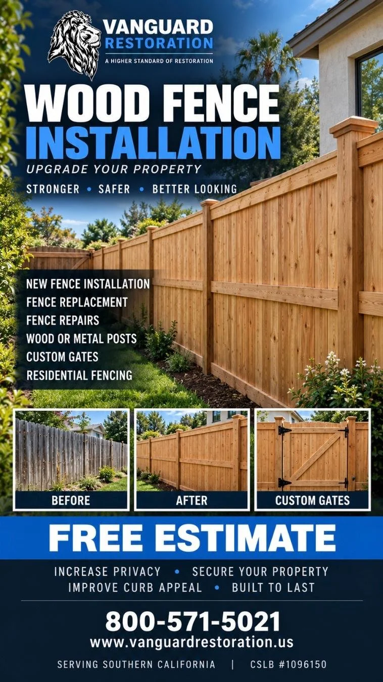 Advertisement for Vanguard Restorations offering wood fence installation, replacement, repairs, and custom gates, with before and after photos of fences and a phone number for free estimates.
