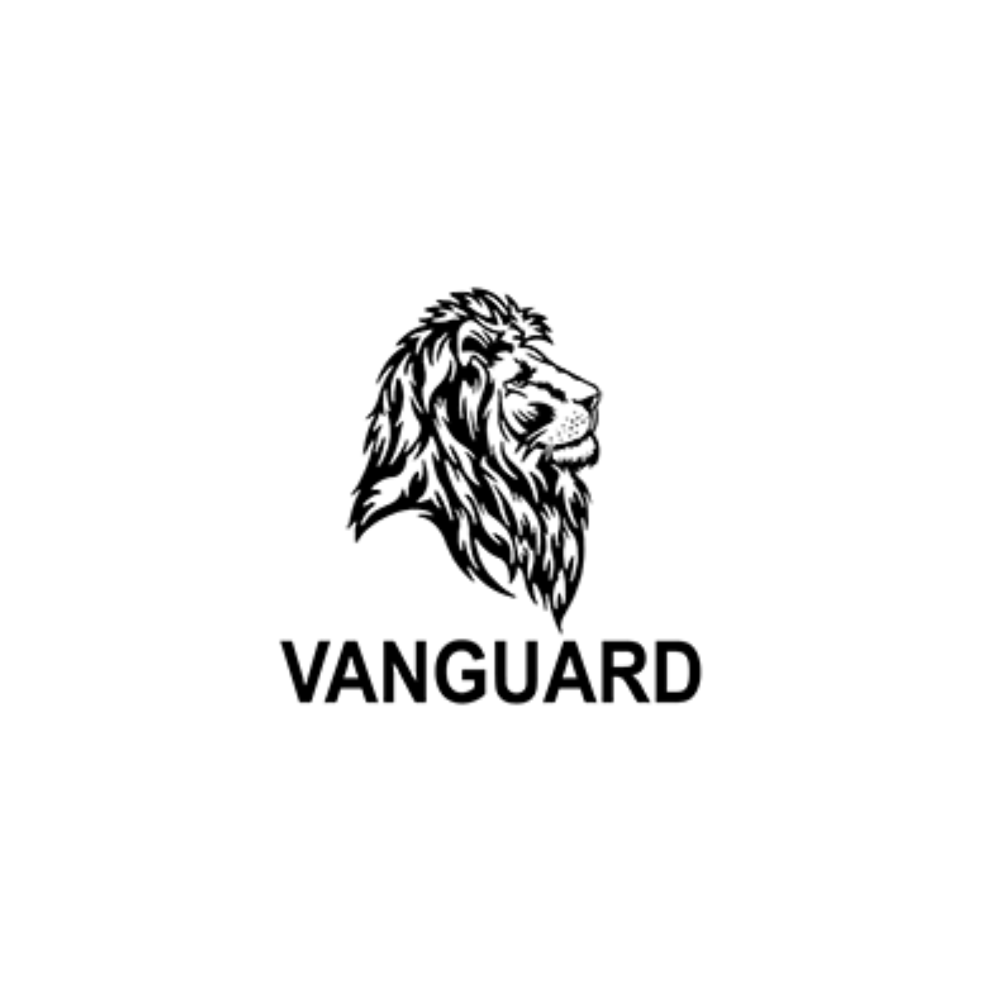 Black and white illustration of a lion's head with a mane, above the word 'VANGUARD'.