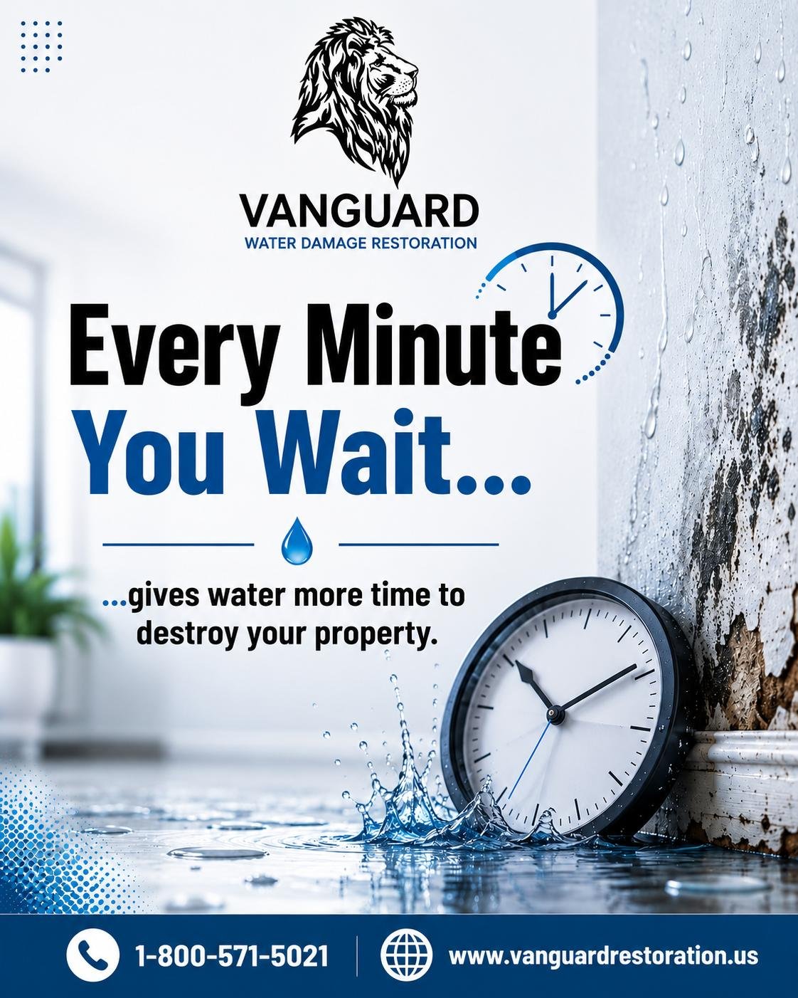 A water damage restoration advertisement with a clock and water splashes, warning about the time water damage causes destruction.