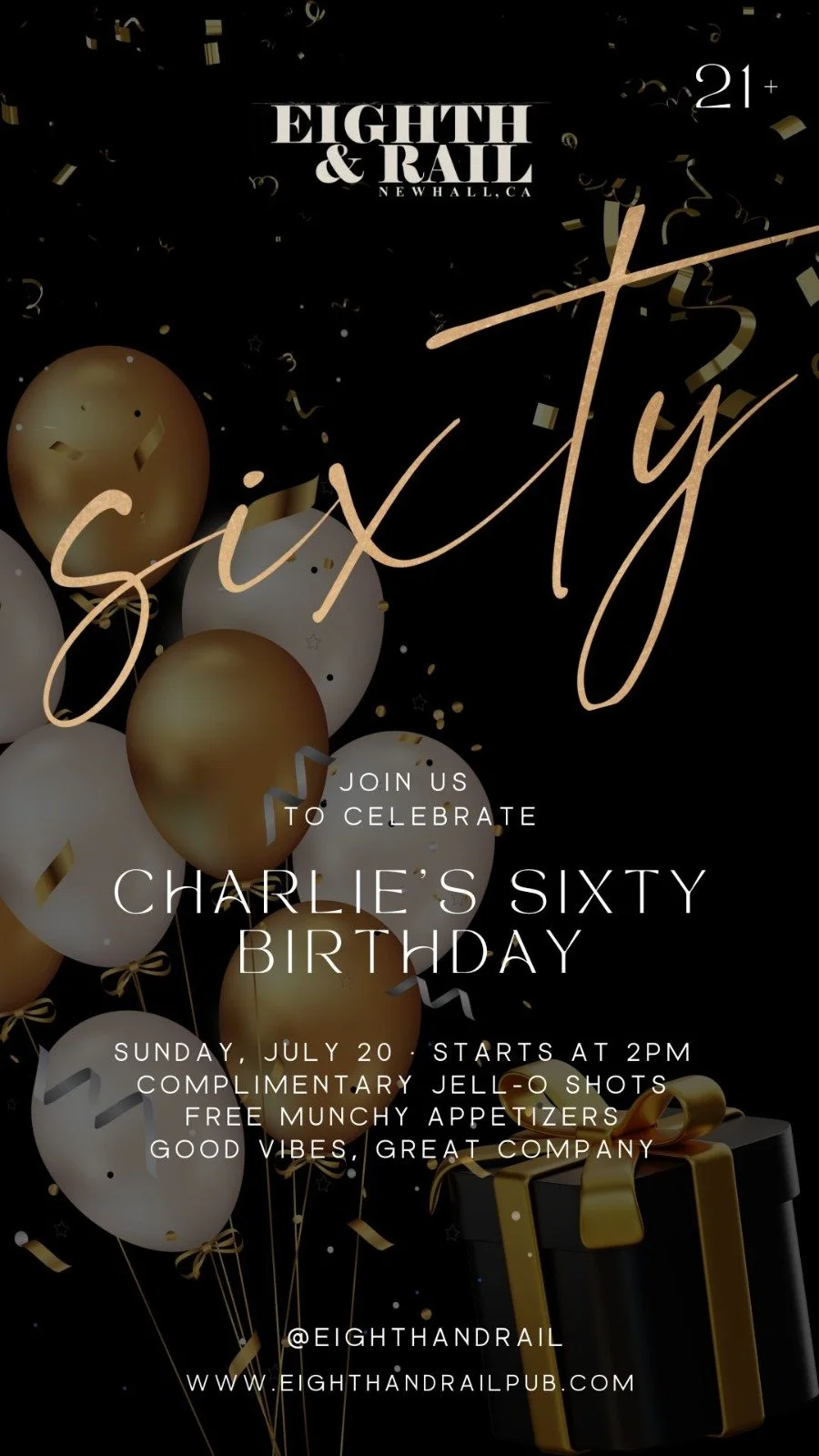 Invitation to Charlie's 60th birthday celebration with black background, gold and white balloons, gold ribbon, large number 60, and text details of the party including date, time, and location.
