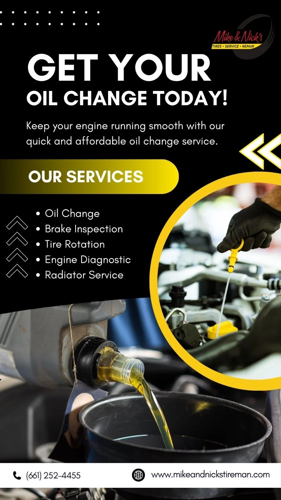 Advertisement for Mike & Nick's Tires, Service, and Repair, promoting oil change services with a photo of oil being poured into a car engine. Text highlights services like oil change, brake inspection, tire rotation, engine diagnostic, and radiator service.