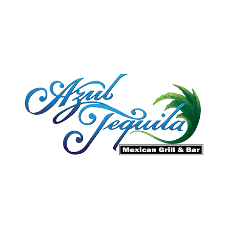 Logo for Azul Tequila Mexican Grill & Bar with blue cursive text and green agave plant graphic.