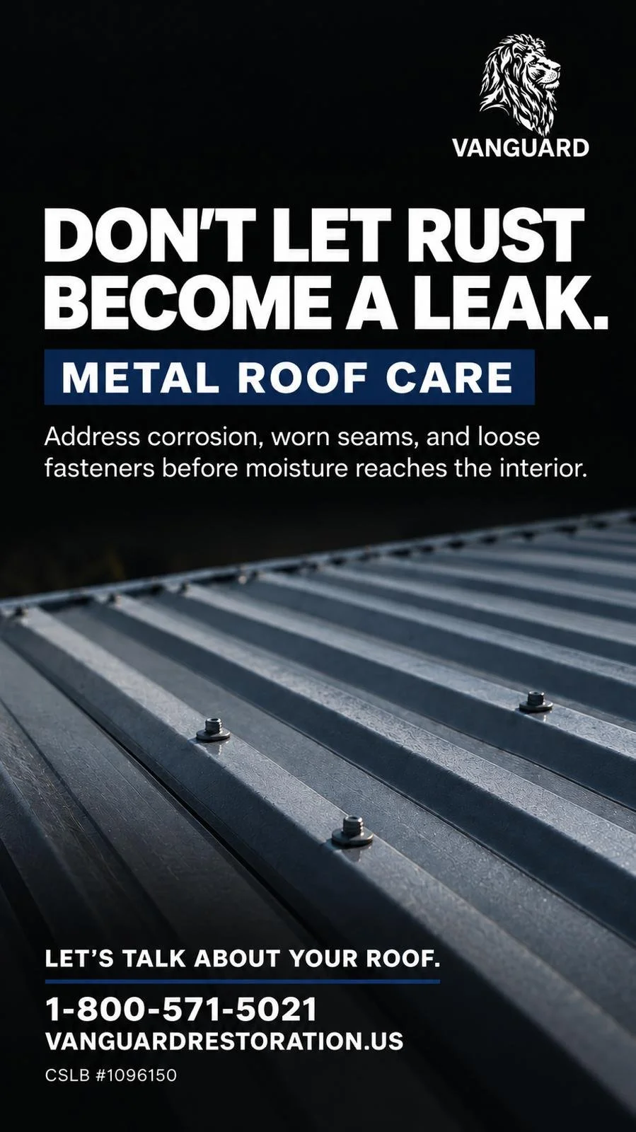 Close-up of metal roof with screws, advertising metal roof care and maintenance.