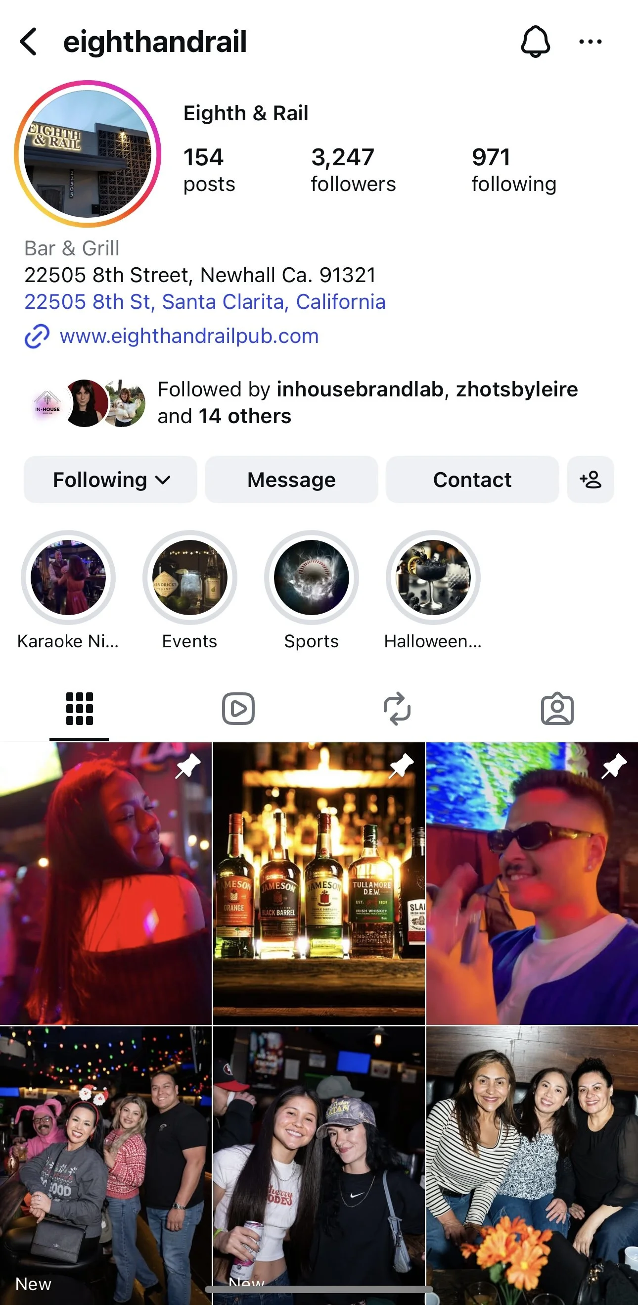 Photos of people enjoying social activities at a bar, including a woman with red hair, bottles of whiskey, a man with sunglasses, and groups of friends smiling indoors.