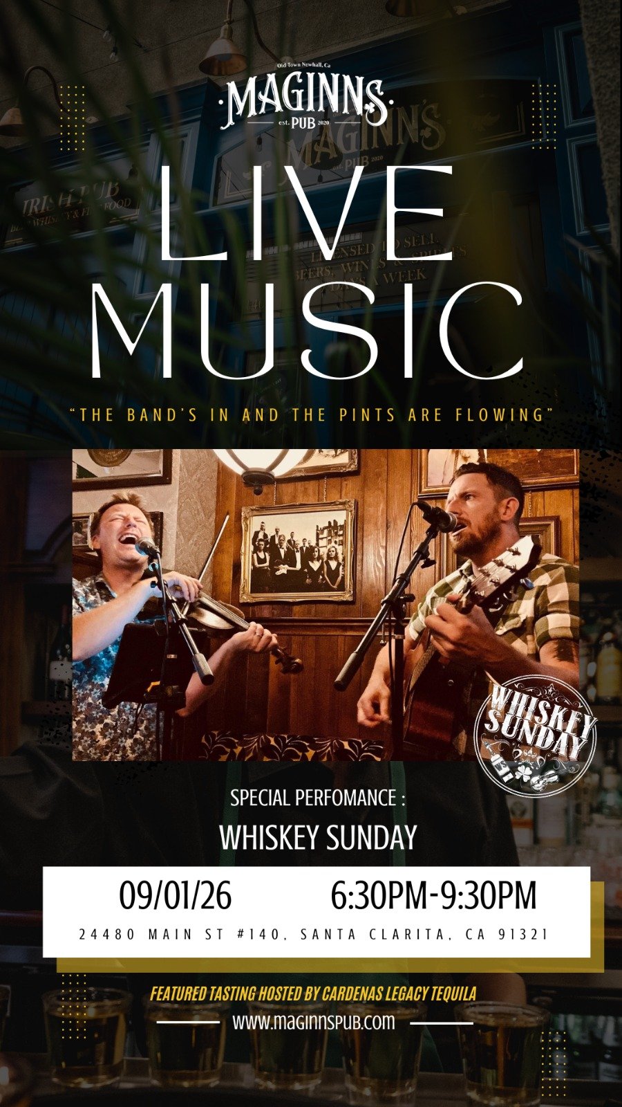 Flyer for Maginn's Pub advertising a live music event featuring Whiskey Sunday on September 1, 2026, from 6:30 PM to 9:30 PM at 24480 Main St #140, Santa Clarita, CA. The flyer includes a photo of two musicians performing with a violin and guitar and