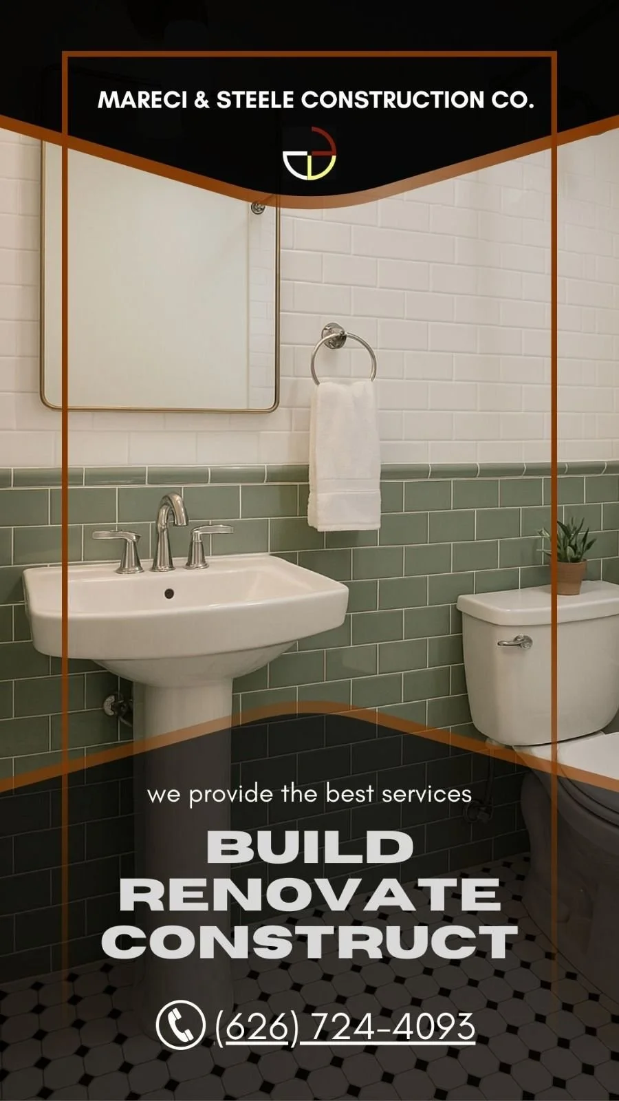 Bathroom with green tiled lower wall, white upper wall with subway tiles, white pedestal sink, mirror, towel ring with towel, toilet with small potted plant, and black and white tiled floor.