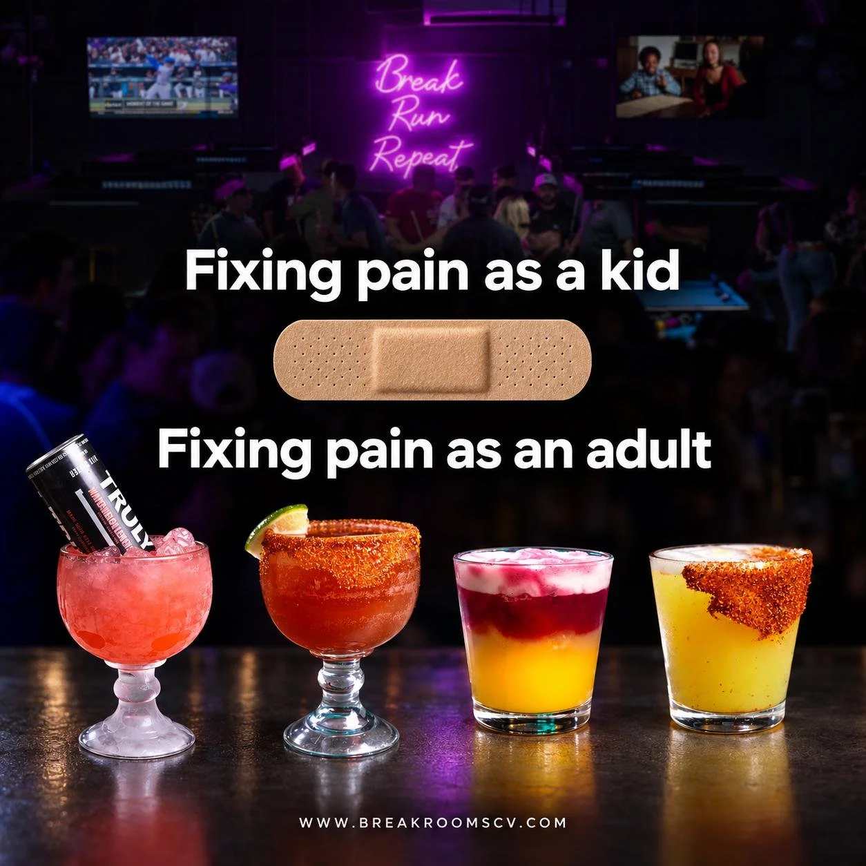 Comparison of pain remedies: a beige adhesive bandage for kids versus lead-based pain relief for adults, with colorful cocktails in the foreground and a nightclub scene with neon lights in the background.