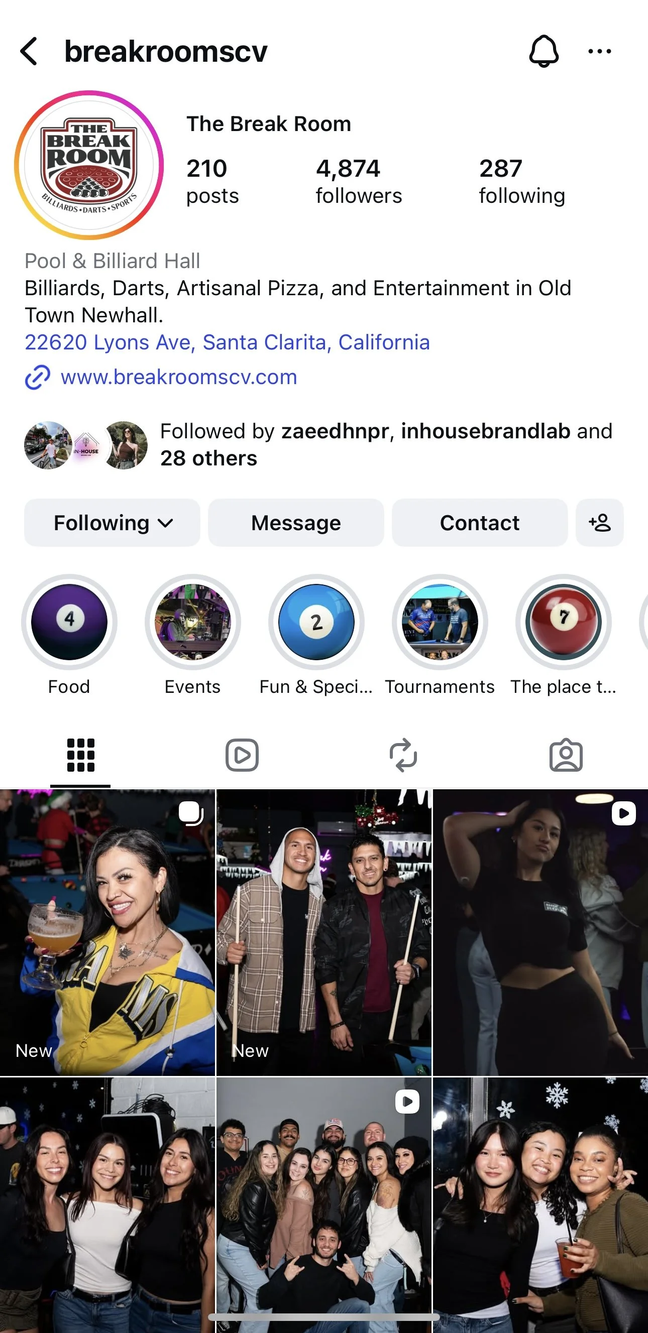 Screenshots of The Break Room's social media profile featuring photos of people socializing at a pool hall, with billiards tables, pool cues, and groups of friends enjoying the venue.