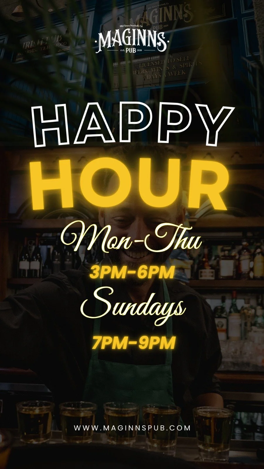 Sign advertising happy hour at Maginn's Pub, with different hours for Monday through Thursday (3 PM to 6 PM) and Sundays (7 PM to 9 PM), featuring a bartender smiling behind the bar.