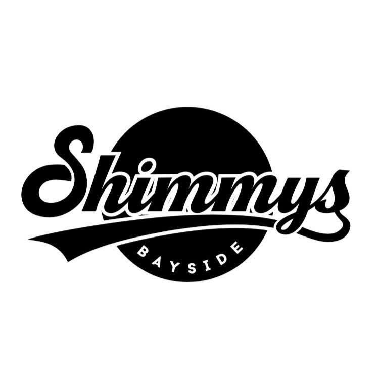 Black and white logo for Shimmys Bayside featuring a large black circle and stylized text.