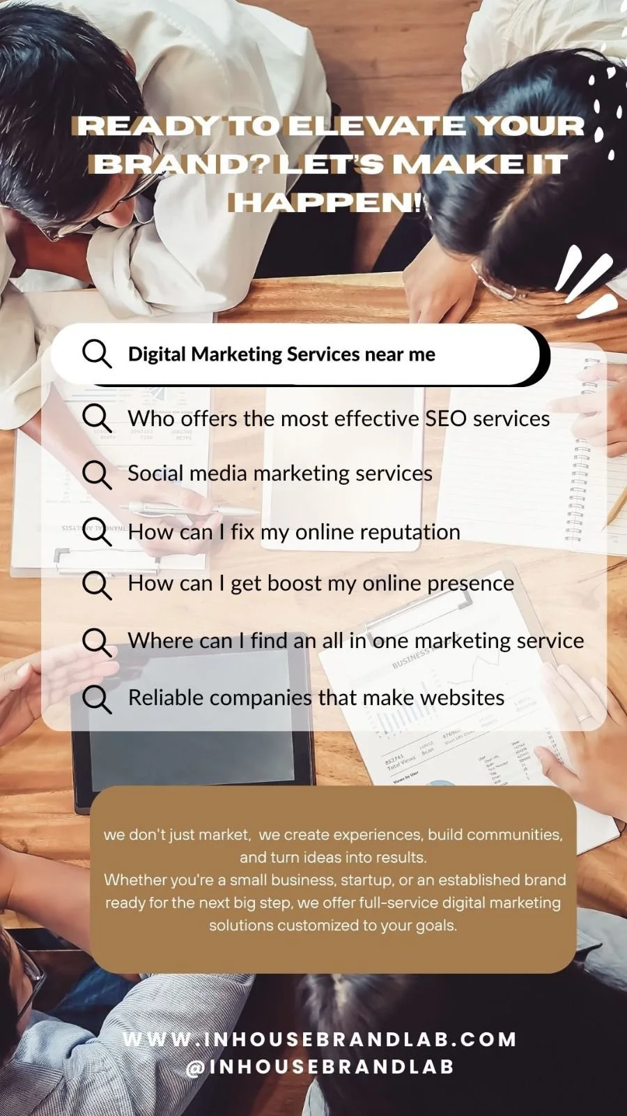 A group of people in a meeting or discussion, with overlay text showing search queries related to digital marketing services, SEO, social media marketing, and boosting online presence. The image promotes digital marketing solutions for small businesses and brands.