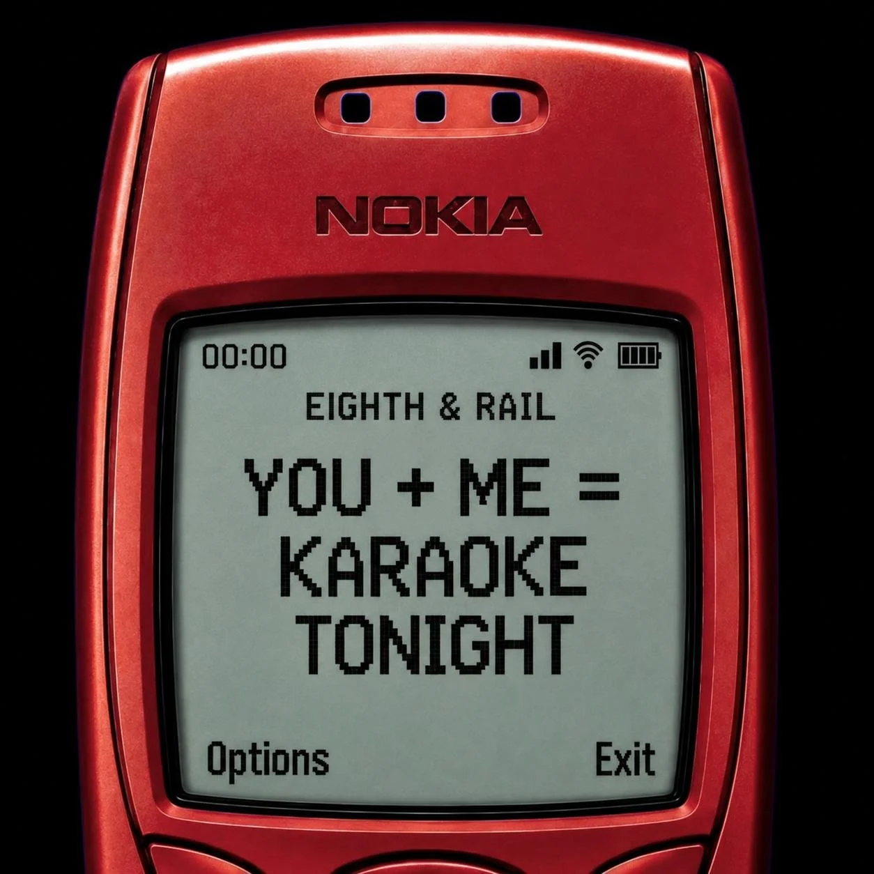 A red Nokia phone displaying the song "YOU + ME = KARAOKE TONIGHT" by EIGHTH & RAIL, with options for "Options" and "Exit" at the bottom of the screen.