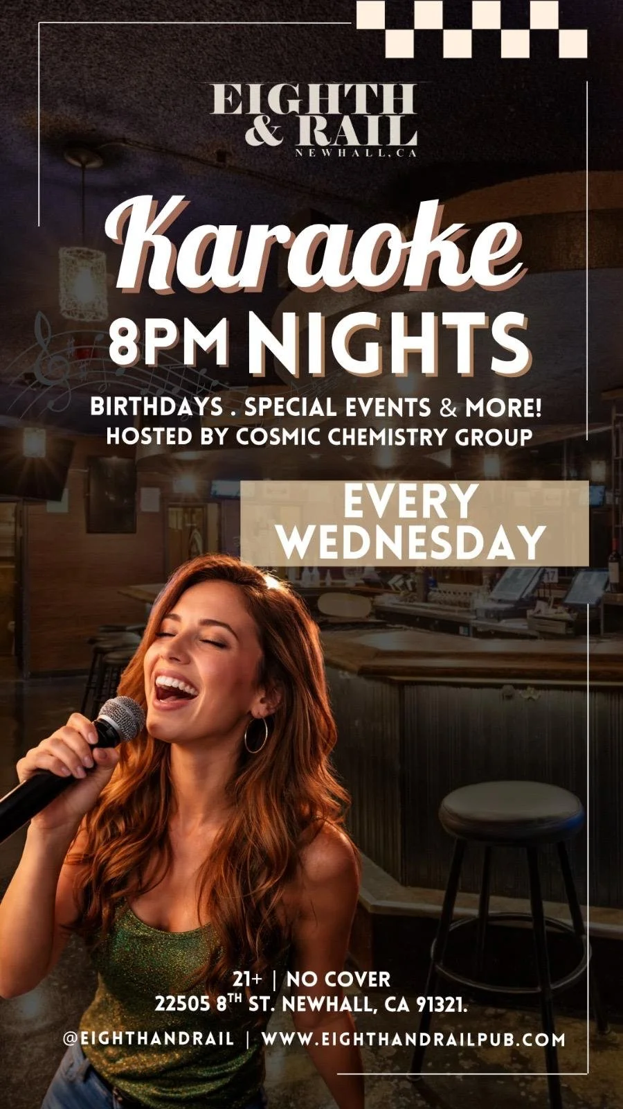 A promotional poster for Eighth & Rail pub advertising weekly karaoke nights every Wednesday at 8 pm. The poster features a woman singing with a microphone inside the bar, with details about the event, age restriction, and location.
