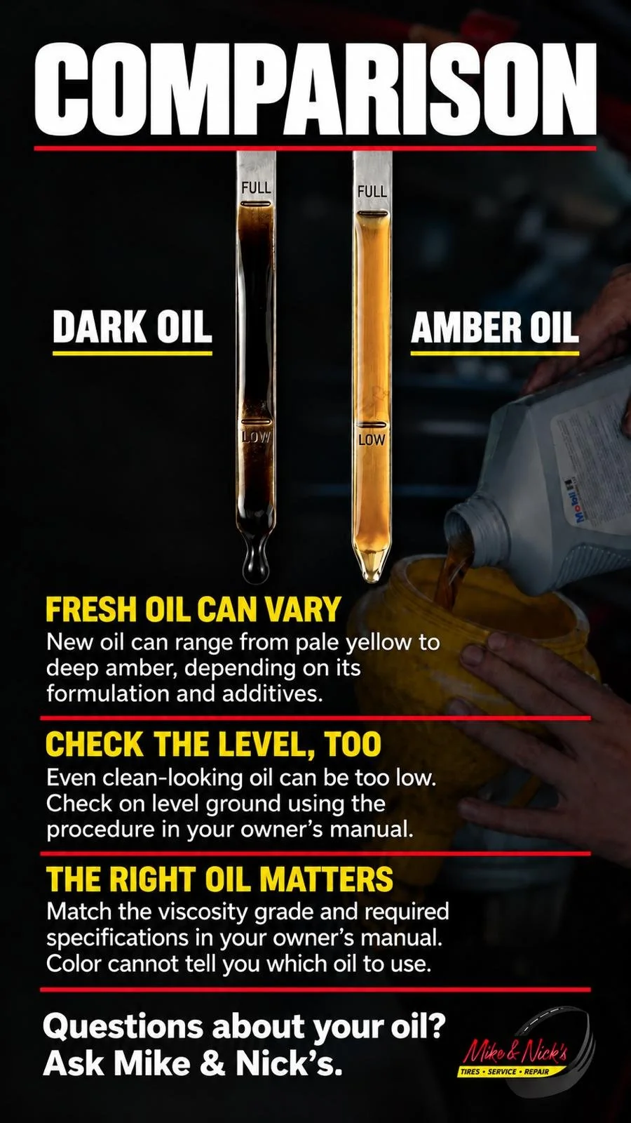Comparison of dark oil and amber oil in test tubes, with information about oil variation, level checking, and oil selection for cars.