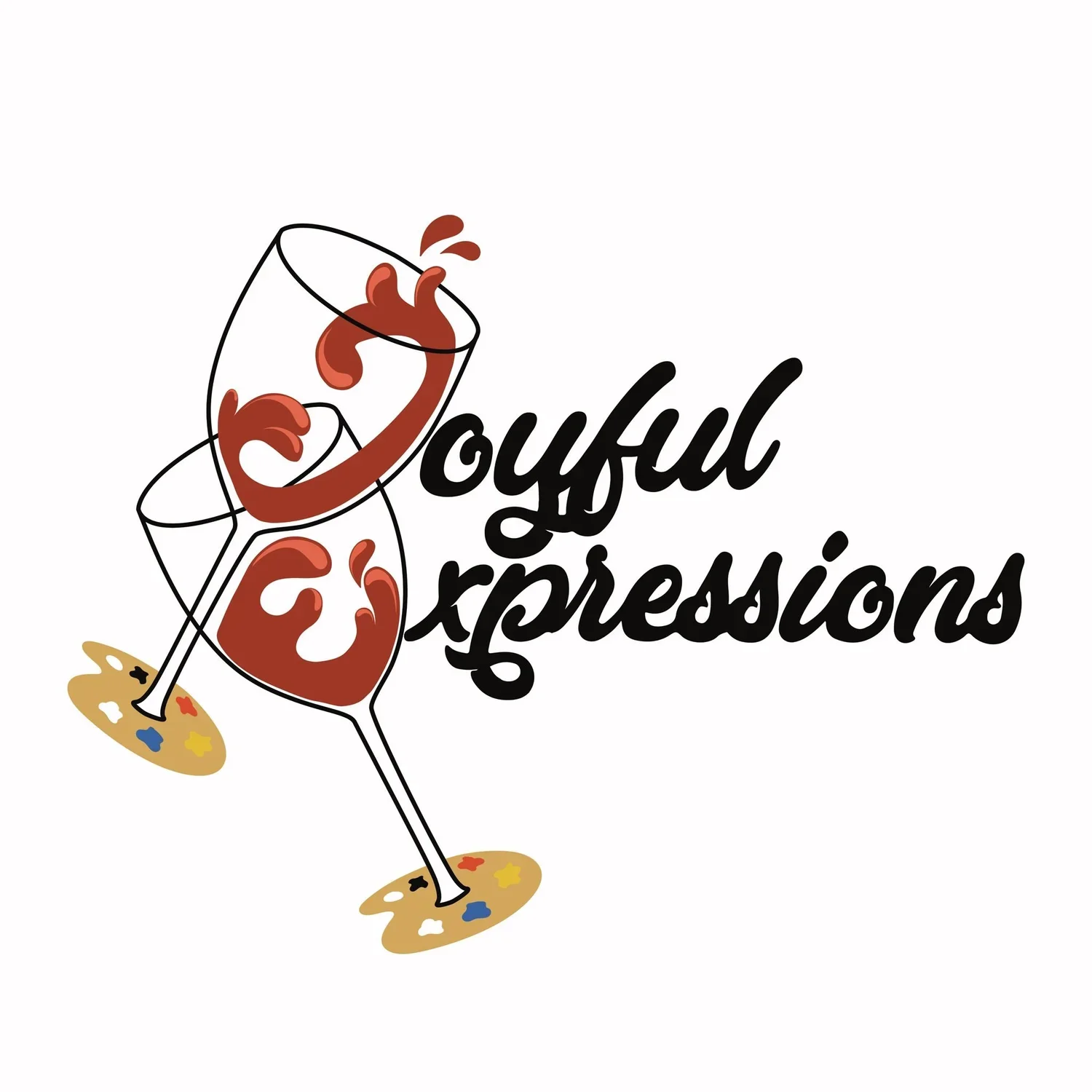 Two wine glasses filled with red wine, tilted as if clinking, with red wine spilling out. The glasses are positioned next to stylized, cursive black text that reads 'Joyful Expressions'. The background is white, and there is a small artist's paint pa