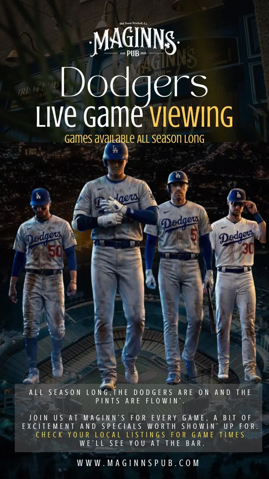 Advertisement for Magnin's Pub in Newhall, California, promoting live Dodgers games with baseball players in uniforms walking on a street.