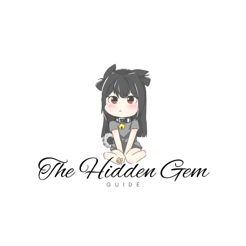 Cute anime-style girl with black hair, sitting cross-legged, with a black choker, a ring on her finger, and a bell on her shirt, sitting above the text 'The Hidden Gem Guide'.