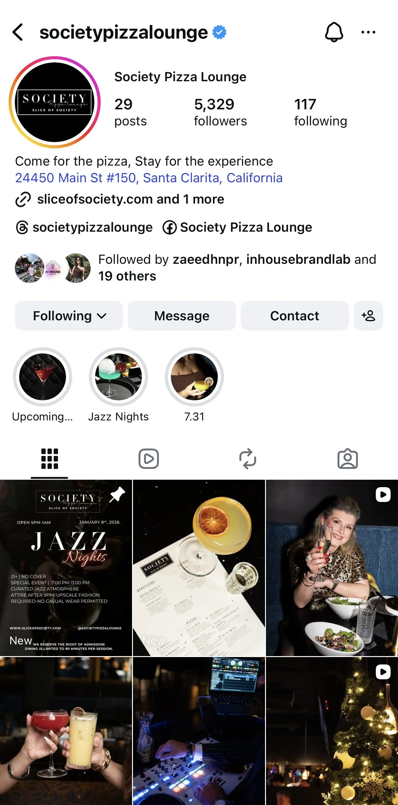 Instagram profile page of Society Pizza Lounge featuring photos of drinks, a person smiling with a drink, a decorated Christmas tree, and event posters.