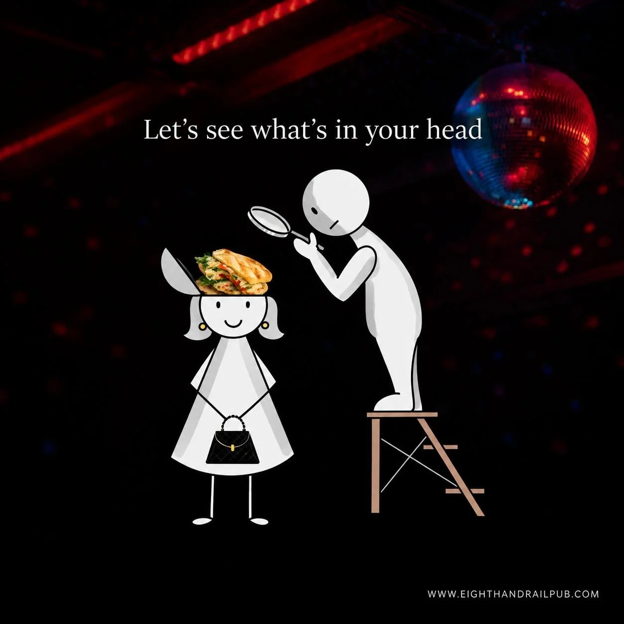A digital illustration showing a person standing on a stool, examining a woman's head with a magnifying glass. The woman's head has a sandwich inside, representing thoughts or ideas. The background is black with a disco ball hanging from above and th