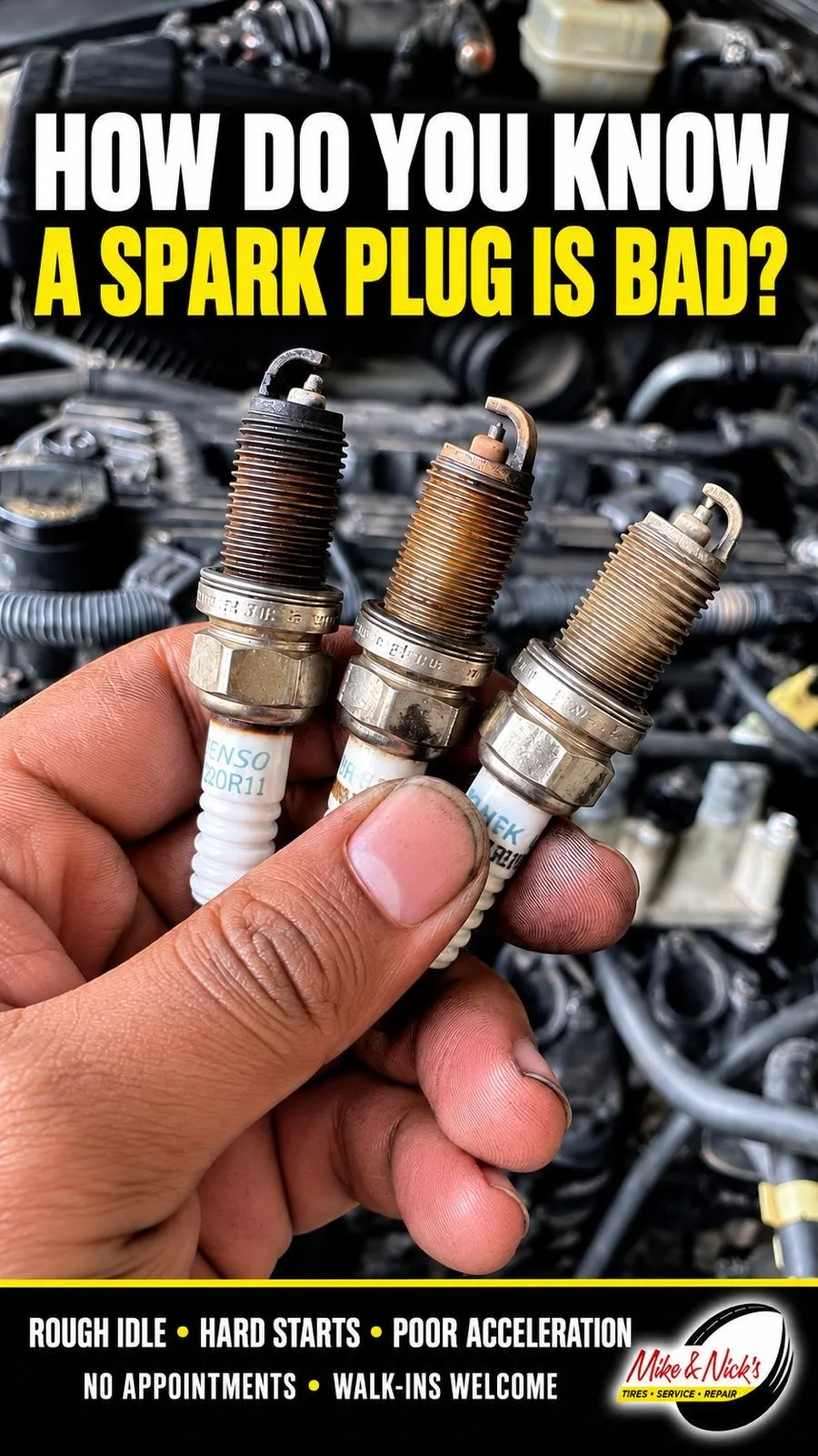 Close-up of three used spark plugs held in a person's hand with an engine in the background, accompanied by text asking how to know if a spark plug is bad.