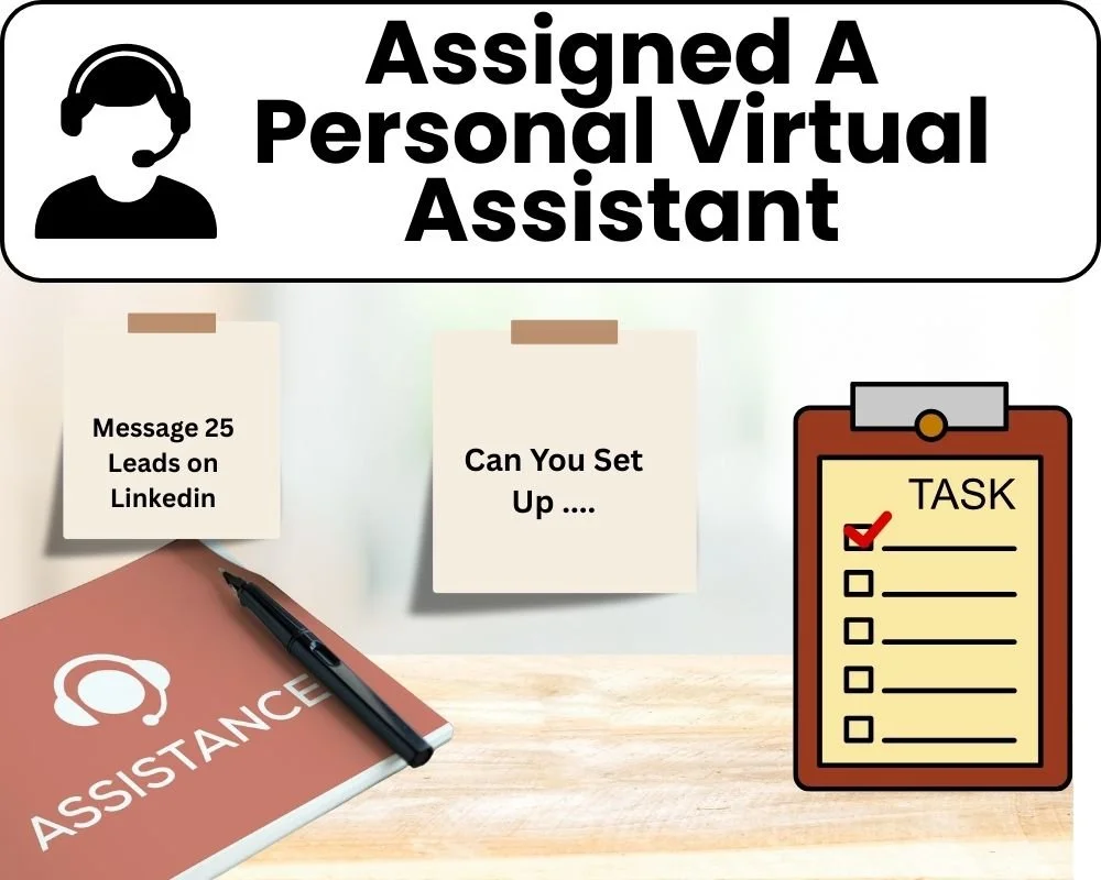 A virtual assistant advertisement with icons and notes about tasks such as messaging leads on LinkedIn and setting up tasks. There is an illustration of a person wearing a headset, a notebook labeled 'ASSISTANCE,' sticky notes, and a checklist with one task checked off.