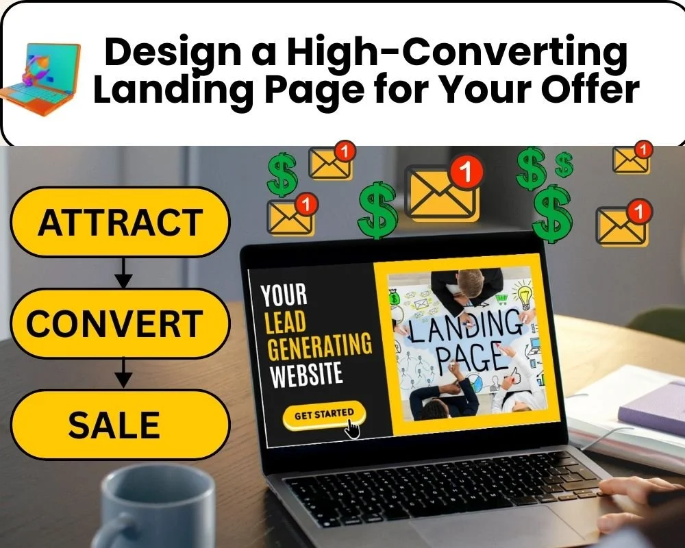 A promotional graphic for designing a high-converting landing page. It features a laptop displaying a landing page design with the text 'Your Lead Generating Website' and a 'Get Started' button. Three yellow buttons on the left read 'Attract,' 'Convert,' and 'Sale' in a vertical column. Airplane icons with dollar signs and notification envelopes are floating above the laptop. The top contains a black and white label with the text 'Design a High-Converting Landing Page for Your Offer'.