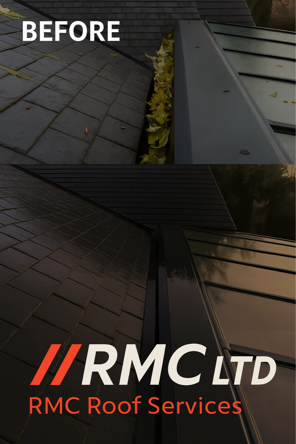 Before and after images of a roof, showing the replacement of old, damaged shingles with new, black roofing materials, along with the text 'RMC Roof Services' and the company's logo.