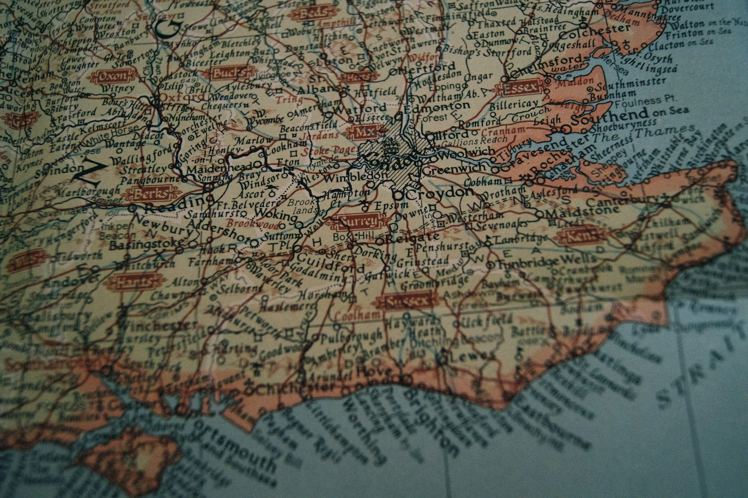 Map of southeastern England showing towns and cities such as London, Reading, Hurst, and Essex, with roads and geographical features.