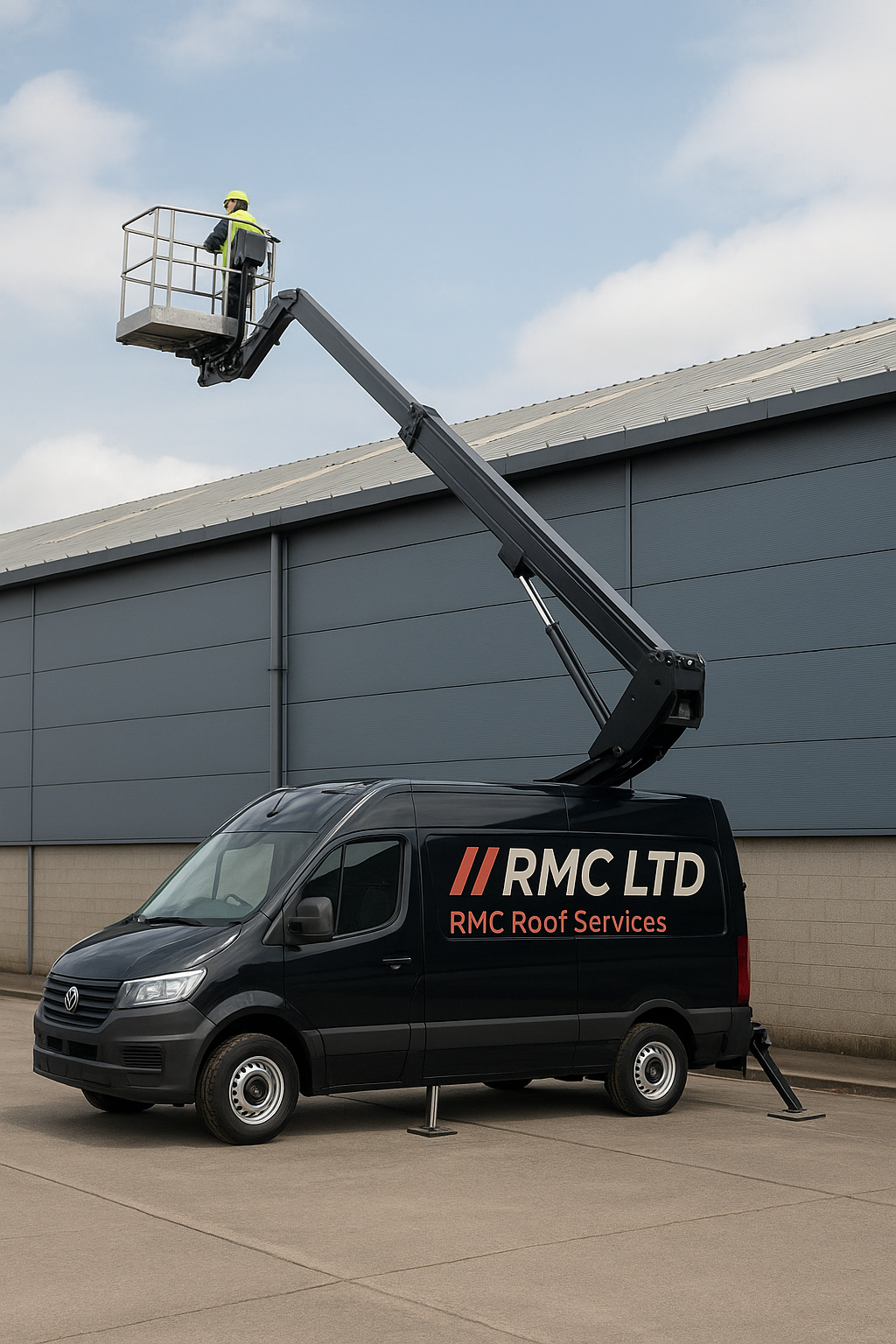 A worker on a cherry picker lift inspecting or repairing a building's roof. The lift is mounted on a black van labeled "RMC LTD RMC Roof Services."