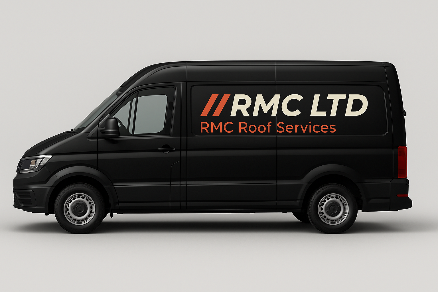 Black van with company logo and text 'RMC LTD, RMC Roof Services' on its side.