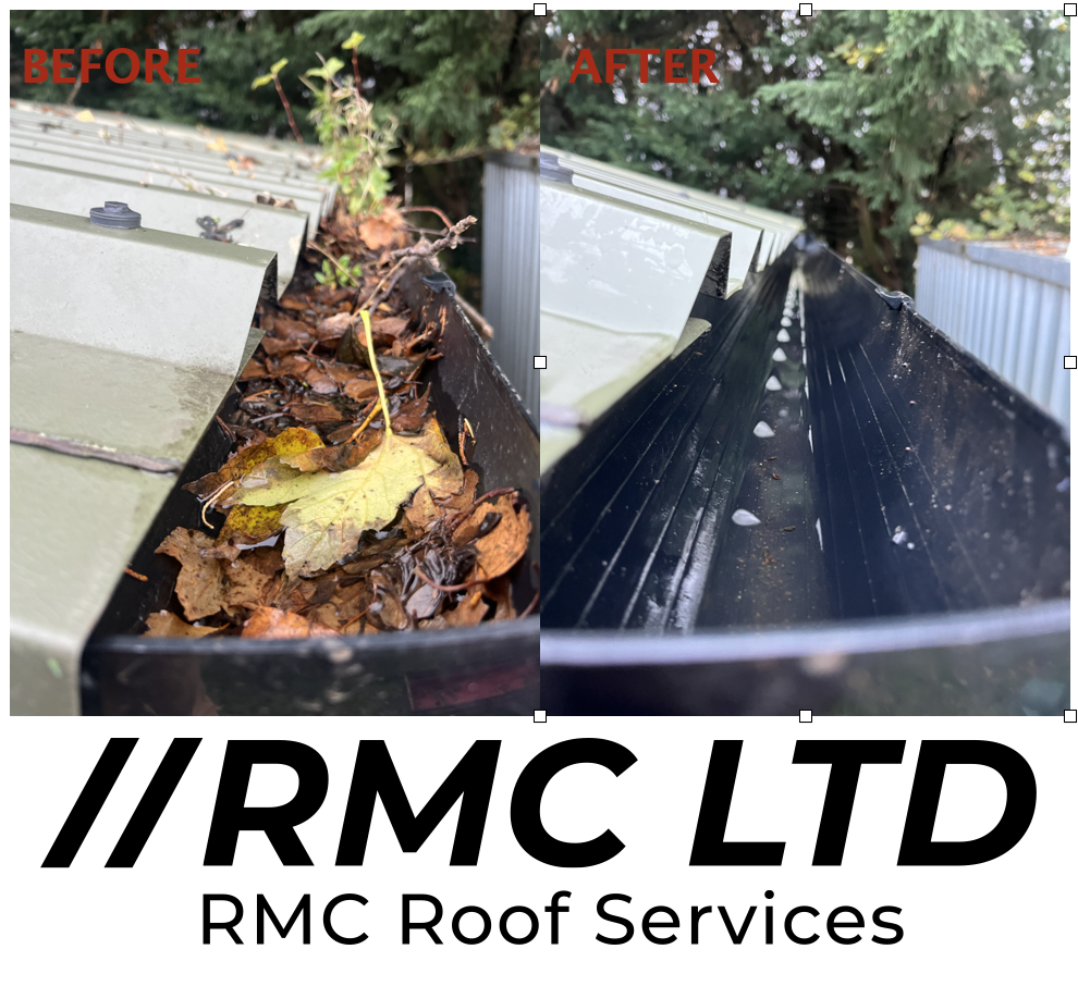 Comparison of a gutter before and after cleaning: the left side shows a gutter filled with brown, yellow, and green fallen leaves, while the right side shows a clean, leaf-free gutter.