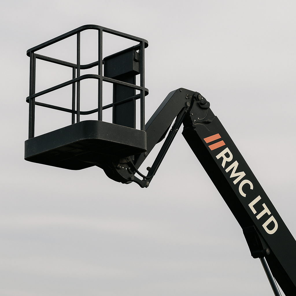 Lift bucket on aerial work platform against a cloudy sky