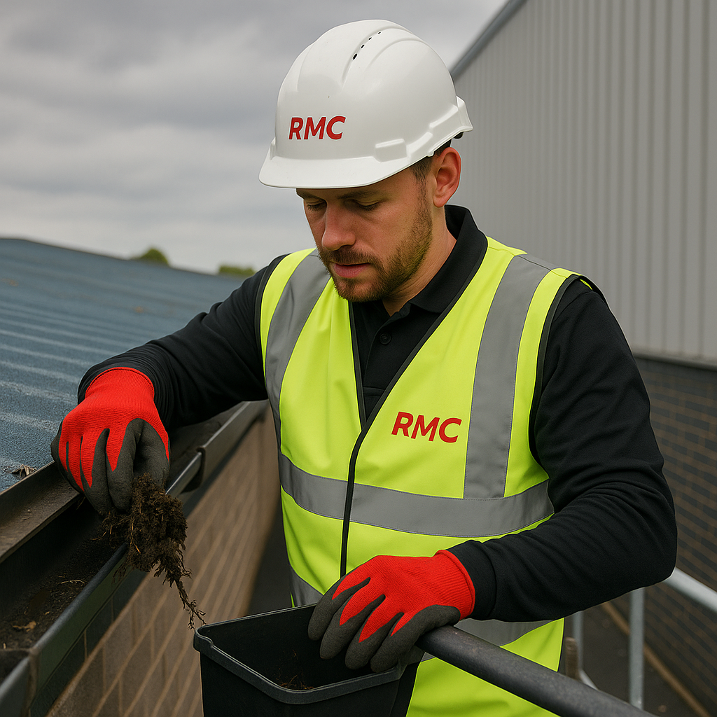 A construction worker with a white helmet and a bright yellow safety vest labeled RMC is pulling out soil from a window box planter on a rooftop.