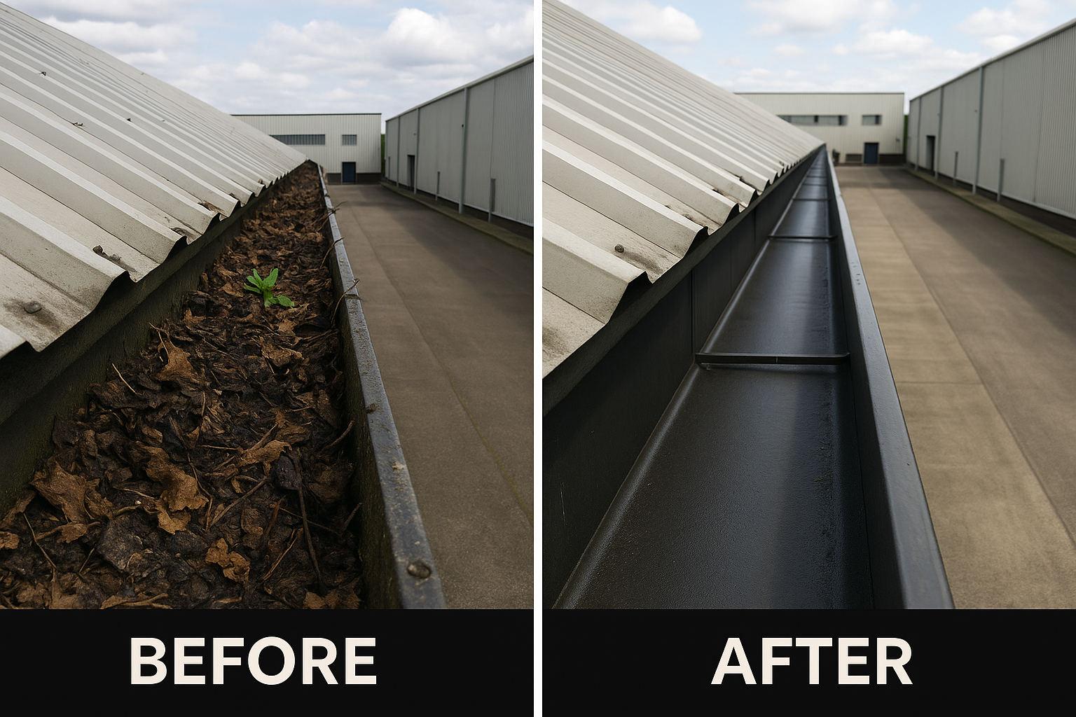 Comparison of a building gutter before and after cleaning. The left side shows a gutter filled with dirt, leaves, and debris with a small green plant growing. The right side shows the same gutter cleaned and now empty, with a smooth, black surface.